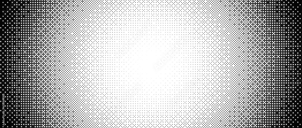 Poster Pixelated radial gradient texture. Black and white bitmap dither central pattern background. Abstract fade glitchy pattern. Video game screen wallpaper. Retro pixel art. Vector halftone wide border