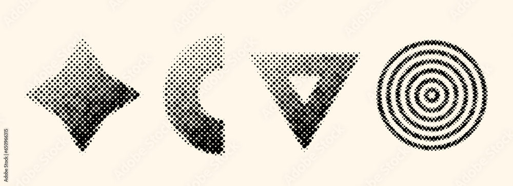 Poster halftone geometric shapes set. dotted pixelated diamond, arch, triangle and circles elements with gr