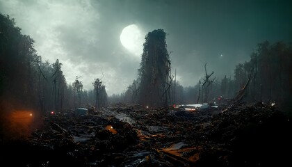 Ancient Overgorwn Spacecraft Wreckage Horror Movie Forest Unreal Engine 5 Ultra Realistic Volumetric Light Ray Tracing Hyper Focus Cinematic Light Rays Moonlight 