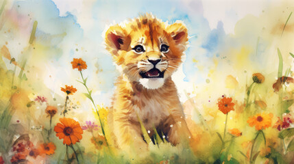 lion cub in the grass and flower