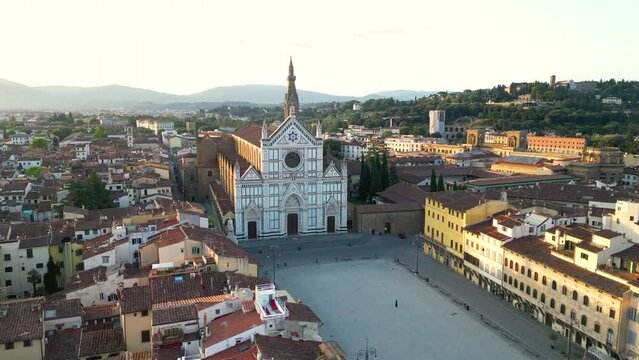 Establishing Aerial View Shot of Florence city skyline Basilica of Santa Croce in Florence and Piazza di Santa Croce, Tuscany, Italy
