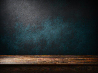 Empty wooden table and grunge wall background, product display montage. AI-Generated