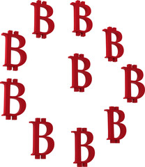 Digital png illustration of many red bitcoin signs on transparent background