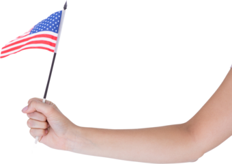 Digital png photo of caucasian female hand holding flag of united states on transparent background
