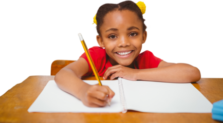 Digital png photo of happy african american schoolgirl doing homework on transparent background