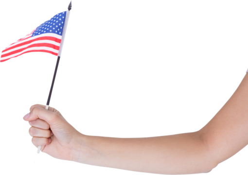 Digital png photo of caucasian female hand holding flag of united states on transparent background