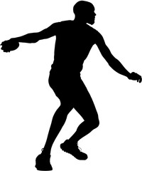 Fototapeta na wymiar Digital png illustration of silhouette of male sportsman throwing on transparent background