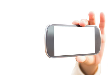 Digital png photo of hand with smartphone on transparent background