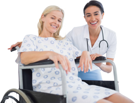 Digital png photo of caucasian female doctor with patient in wheelchair on transparent background - Powered by Adobe
