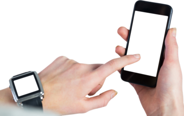 Digital png photo of hands with smartwatch and smartphone on transparent background