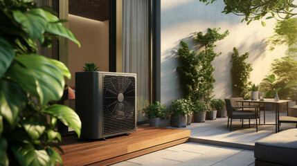A heat pump with an air source is installed in a residential building. Sustainable and clean energy at home.