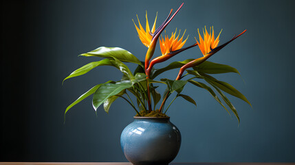 Obraz na płótnie Canvas Bird of Paradise or Strelitzia Reginae Plant in a Turquoise Pot, Turquoise background