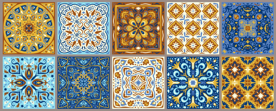 Set of patterned azulejo floor tiles. Abstract geometric background. Collection of ceramic tiles in turkish style. Seamless colorful patchwork. Portuguese and Spain decor. Islam, Arabic, Indian motif.