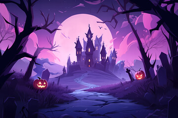 Halloween background with scary pumpkins, bats and castle illustration.
