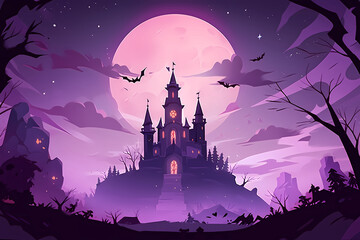Halloween background with scary pumpkins, bats and castle illustration. - obrazy, fototapety, plakaty