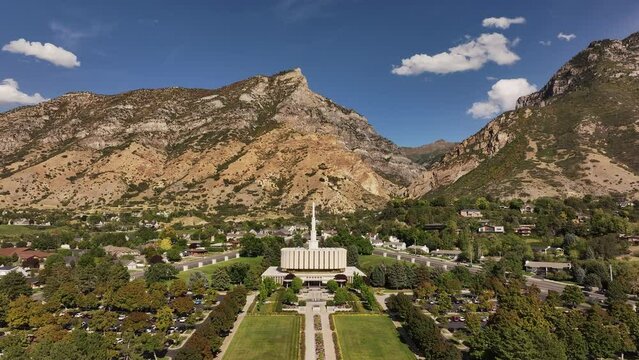 Aerial Provo Utah LDS temple front mountain. Temple of The Church of Jesus Christ of Latter-day Saints, LDS or Mormon religion. Christian religious groups. Sacred for eternal worship.