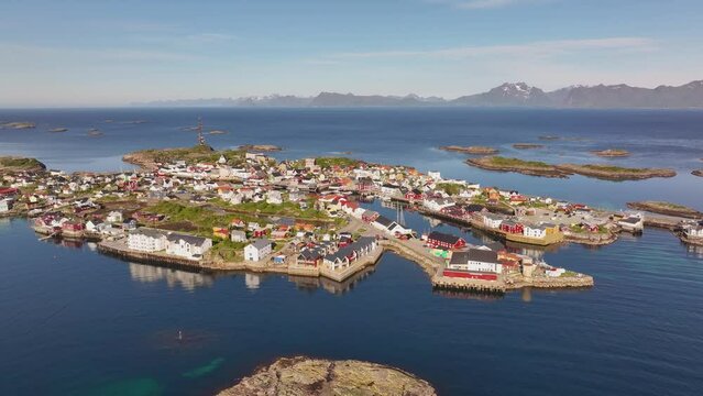 Aerial view of sunny morning in Henningsvaer, Lofoten, Norway