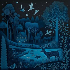 naive painting in blue european forest by night with habitat animals 