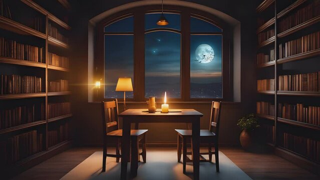 the atmosphere of the room is warm at night with tables, chairs, candles, windows and a beautiful moon. Cartoon or anime illustration style. seamless looping 4K time-lapse video animation background.
