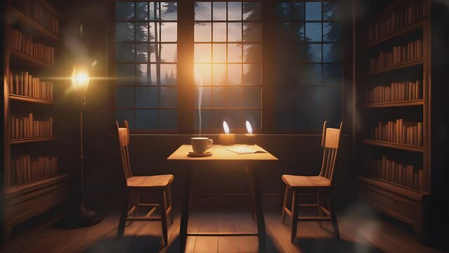 interior of the room with chairs and table, on the table just a candle and a cup of coffee. Cartoon or anime illustration style. seamless looping 4K time-lapse virtual video animation background.