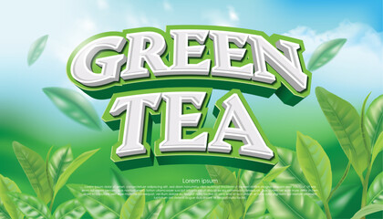 vector illustration green tea word lettering banner design template on the beautiful tea garden background. use for green tea advertising backdrop design.