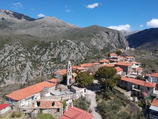 Old traditional stoned buildings and houses in Vorio village located near Kentro Avia and Pigadia Villages in Mani area, Taygetus Mount, Messenia, Greece