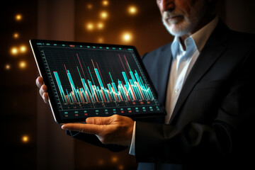 man holding tablet with data chart on background