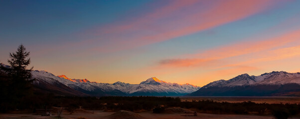 Panoramic view of sunset scene with the  road way to the mountain view of Mount cook ,New zealand - obrazy, fototapety, plakaty