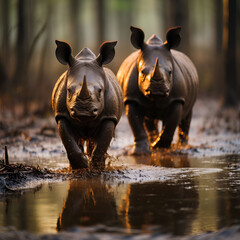  Side view of a Javan rhinoceros Mother and baby stand in a mud puddle in the rainforest,AI Generated