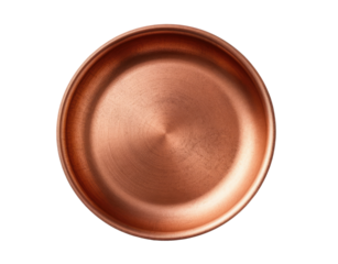 Empty copper frying pan isolated on transparent background, top view