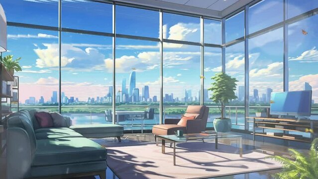 Office interior cartoon or anime watercolor painting illustration style animation video