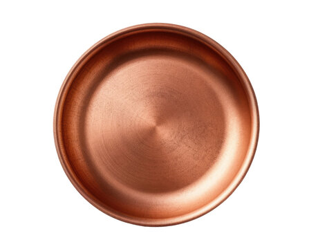 Empty copper frying pan isolated on transparent background, top view
