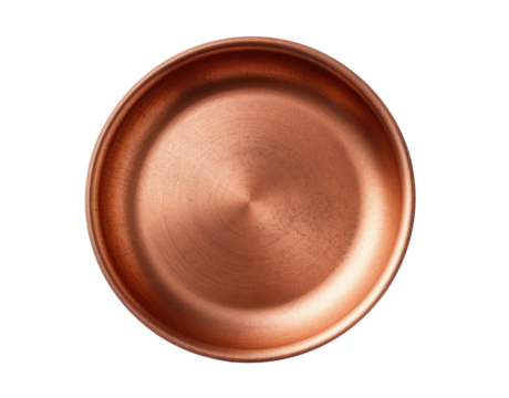 Empty copper frying pan isolated on transparent background, top view