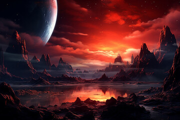 an alien landscape with red and orange clouds