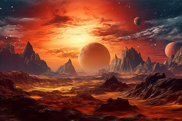 an alien landscape with red and orange clouds