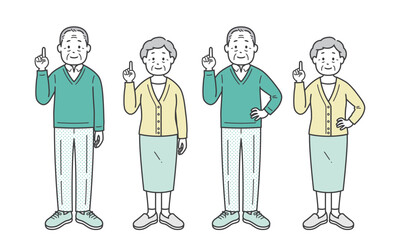 指差しをする後期高齢者男女 斜め