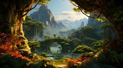 Fantasy landscape with waterfall in the jungle, ai generated