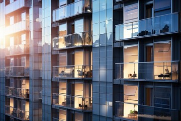 Obraz premium Innovative solar panels integrated into the windows of a high-rise building, converting sunlight into electricity 