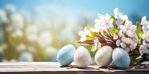 Easter eggs with blossom flower and sunny day on wooden table