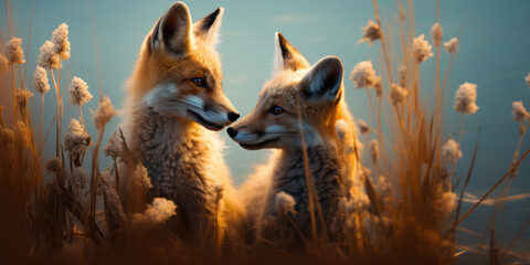 Two foxes in the fall meadow grasses