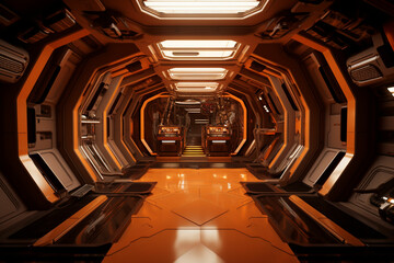 a futuristic space corridor with orange lighting