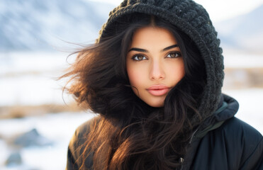 Young Indian woman looking at camera in a winter scene