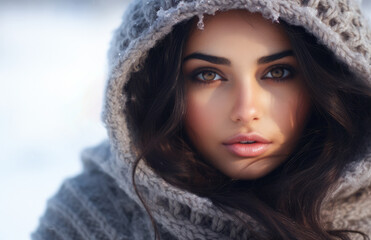 Young Indian woman looking at camera in a winter scene