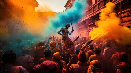 Poster People celebrate colorful Holi festival in India, annual tourism colors, India © somchai20162516