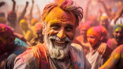 Obraz premium People celebrate colorful Holi festival in India, annual tourism colors, India