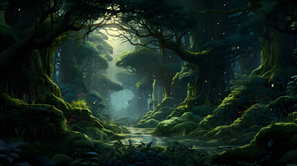 Fototapeta na wymiar Fantasy landscape with fantasy forest and lake. Digital painting illustration.