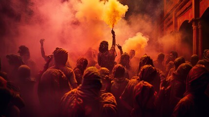 Fototapeta na wymiar People celebrate colorful Holi festival in India, annual tourism colors, India