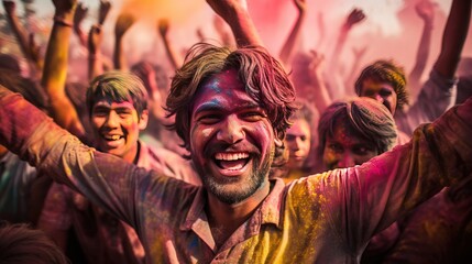 People celebrate colorful Holi festival in India, annual tourism colors, India - obrazy, fototapety, plakaty