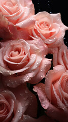 Pink roses pressed up against glass covered in condensation, water droplets