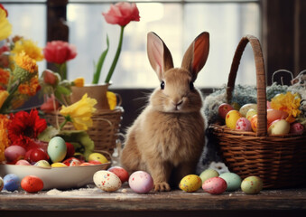 Fototapeta na wymiar Easter composition with rabbit and retro festive decoration